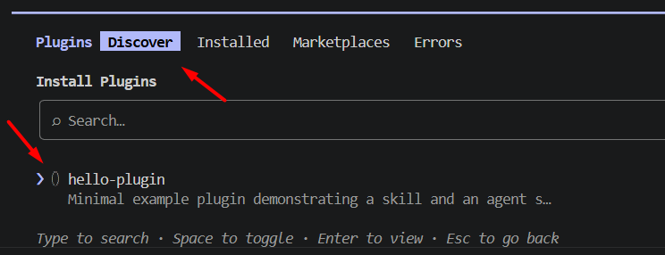 Discovering hello-plugin in the marketplace