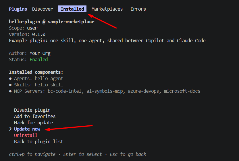 hello-plugin installed, with its agents, skills, and MCP servers all listed