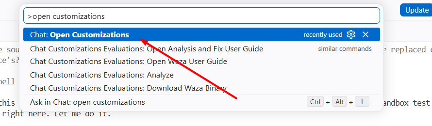 Opening Chat: Open Customizations from the command palette