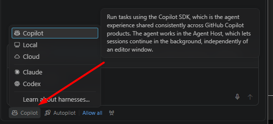 The harness picker in chat: Copilot, Local, Cloud, Claude, Codex