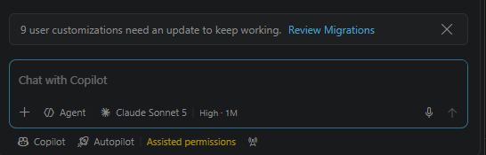 Notification in chat: 9 user customizations need an update to keep working, with a Review Migrations link