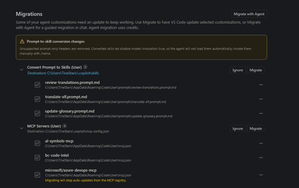 The Migrations page, listing prompt files to convert to skills and MCP servers to move