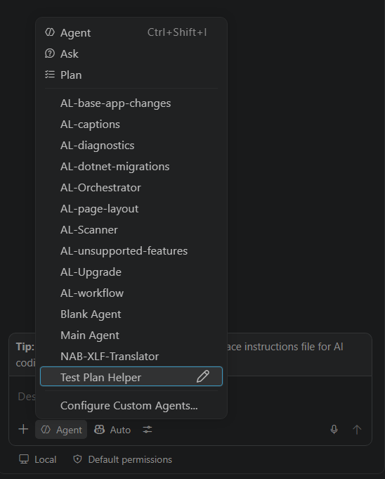 Copilot's agent dropdown, a list of custom agents to step into