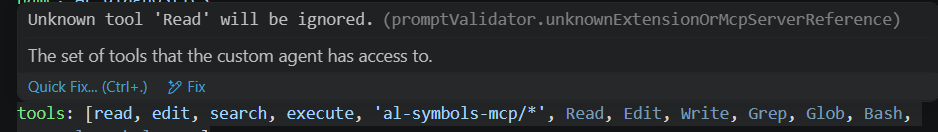 VS Code flagging Read as an unknown tool, Copilot doesn't recognize Claude Code's name for it