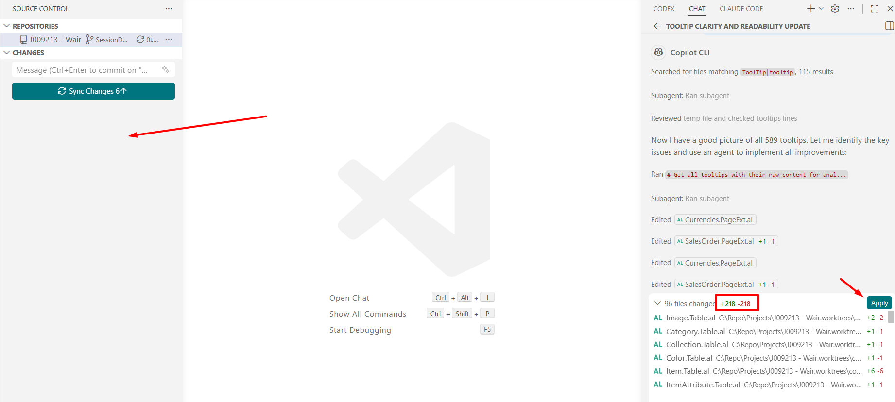 96 files changed in an isolated worktree, source control in the actual workspace untouched