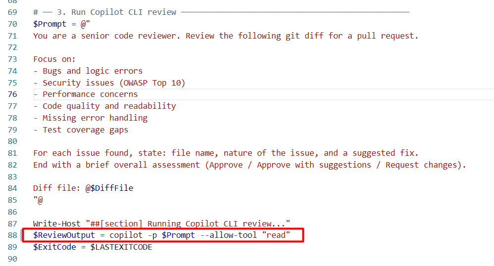 A PowerShell pipeline step invoking Copilot CLI for a code review