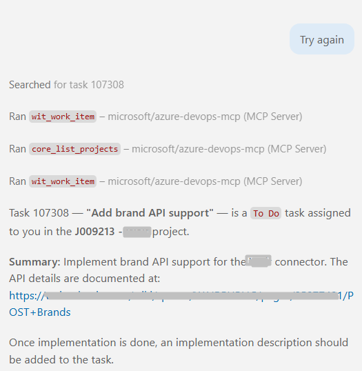 The same agent now finds and summarizes task 107308 via the Azure DevOps MCP