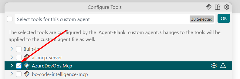Enabling the Azure DevOps MCP for the agent