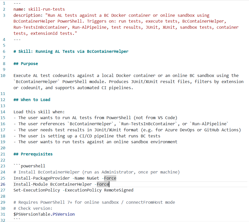 Example skill file for compiling, publishing, and running tests