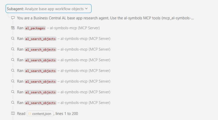 One sub-agent's tool calls while researching the base app