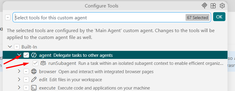 Enabling the agent and runSubagent tools on a custom agent