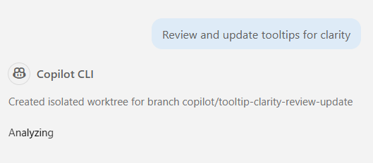 Sending the tooltip prompt to Copilot CLI, isolated worktree created immediately