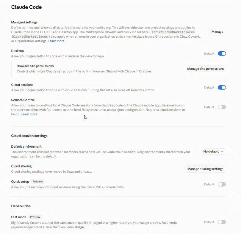 The Claude Code section of the admin console, with the Managed settings entry at the top